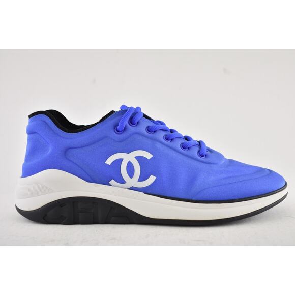 Chanel Men 19P Blue Lycra White Black CC Logo Lace Low Top Trainer Sneaker 44 11 - Picture 2 of 12
